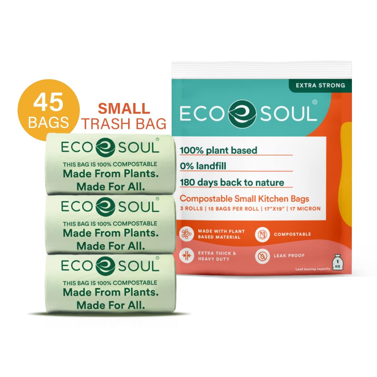 ECO SOUL Small Compostable Garbage Bags[17x19 Inch]45-Pack for Home,Kitchen | compostable garbage bag,bio-degradable garbage bags,dustbin bags for home,garbage bags