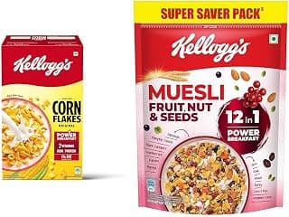 Kellogg's Corn Flakes Original 475g | Power of 5: Energy, Protein, Iron, Calcium, Vitamins B1, + Kellogg's Muesli Fruit Nut & Seeds 750G | 12-In-1 Power Breakfast | India'S No. 1 Muesli |