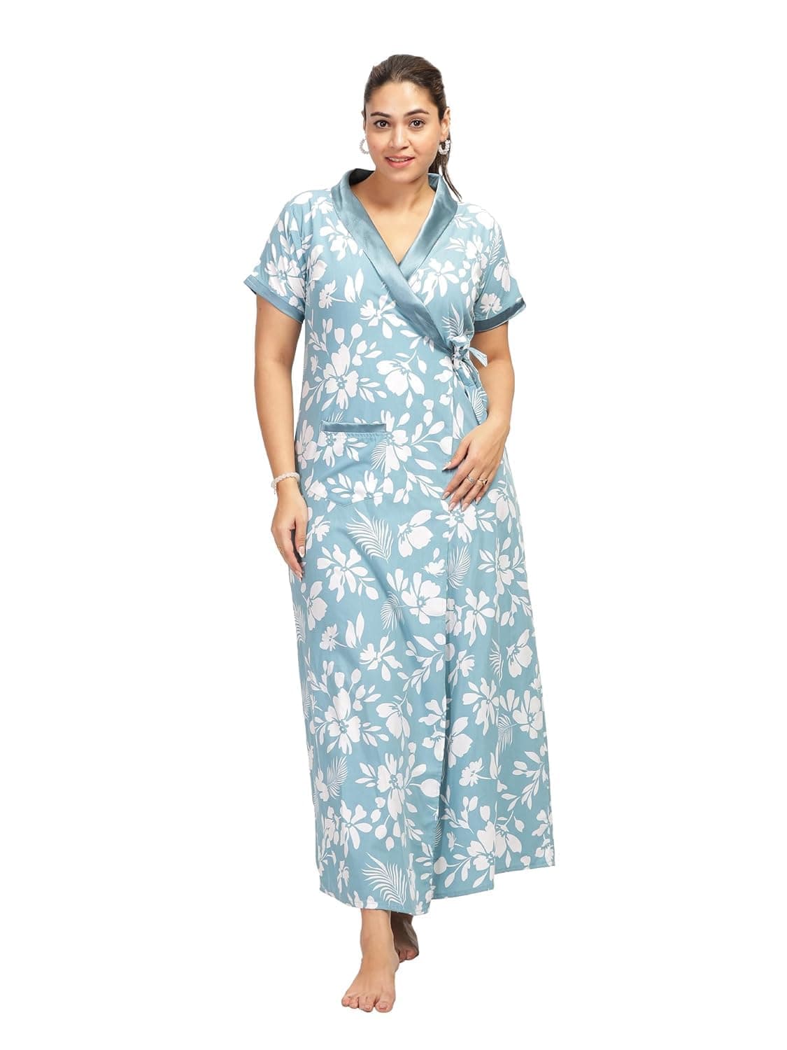9shines Label Stylish Cotton Nighty Robe for Women | Front Open Floral Housecoat | Wrap Nighty with Pocket | Adjustable Waist Tie | Plus Size Housecoat (HC-2026)