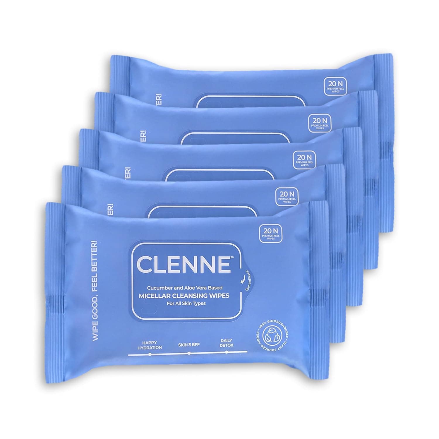 CLENNE Micellar Water Makeup Remover Wipes for Face (Pack of 5) | Dermatologically & Clinically Tested | 100% Biodegradable | Gentle, Non-Irritant, Suitable for All Skin Types | Removes Makeup & Impurities | 100 Wipes