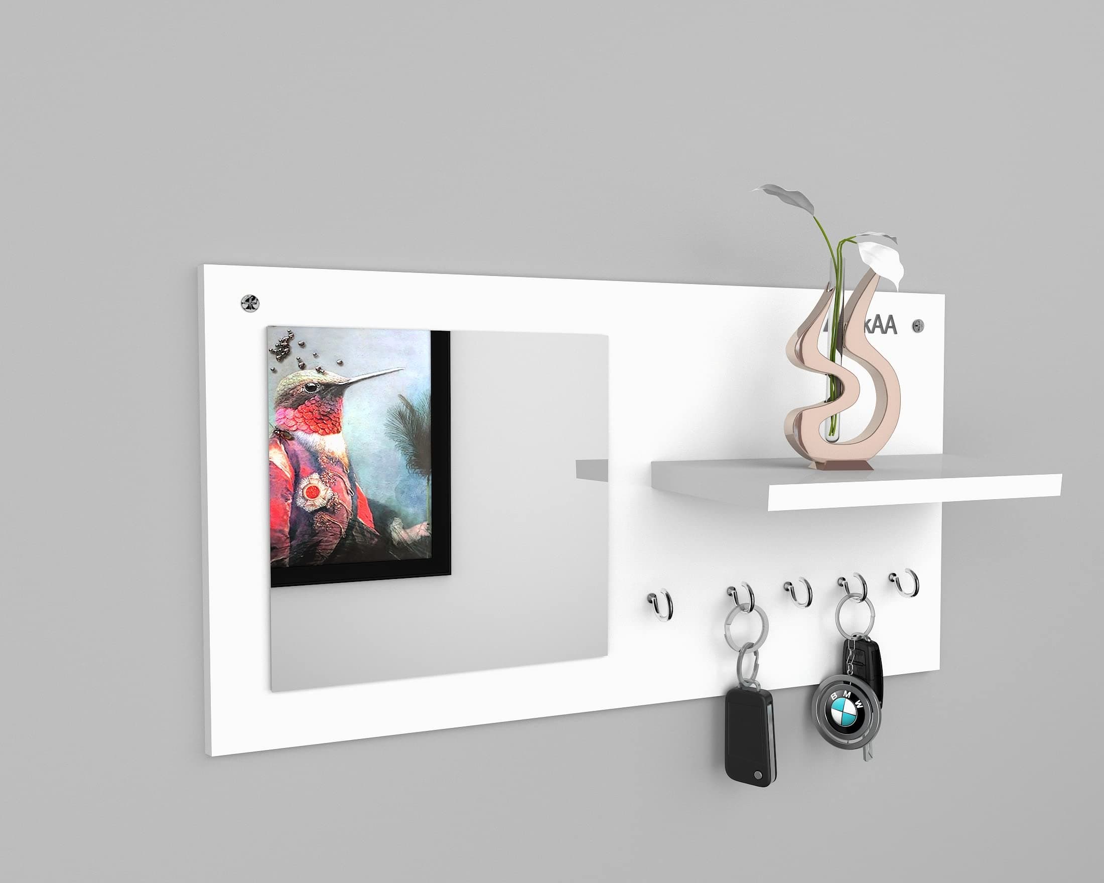 Anikaa Jia Engineered Wood Keyholder with Mirror and Shelf (White, Contemporary Style)