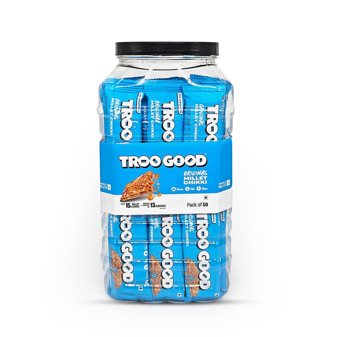 TROOGOOD Millet Chikki Jar (50 Pcs, 15g Each 750g) | Rich in Fibre and Protein | No Added Preservatives and Colours | Sweets | Made with Jaggery | High Energy Nutrition Bars | Office, Kids & Daily Use