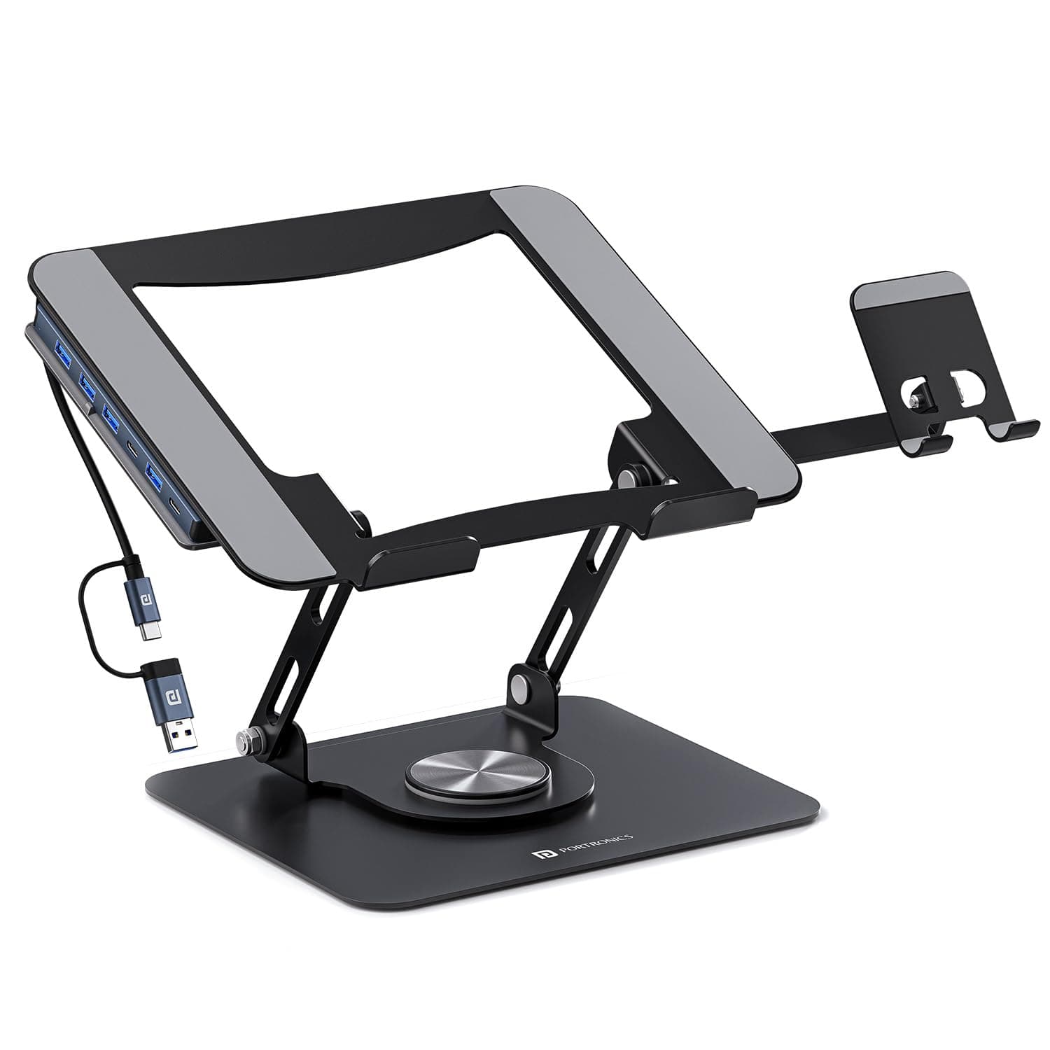 Portronics My Buddy K9 Pro Max, Adjustable Laptop Stand with 6-in-1 USB Hub, 360° Rotating Base, Built-in Phone Holder, Foldable & Ergonomic, Anti-Slip Pads, Supports Up to 17'' Laptops