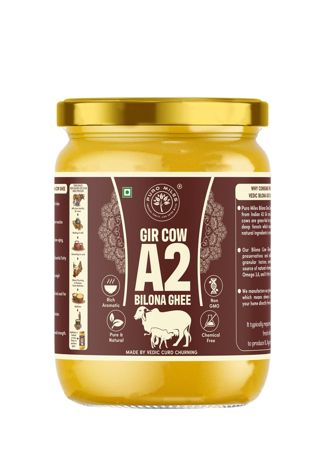 A2 Desi Gir Bilona Cow Ghee| Vedic Curd Churned Process |Lab Certified Farm Fresh Tuppa |Pure Desi Nei | Natural and NON GMO Ghia| 500ml