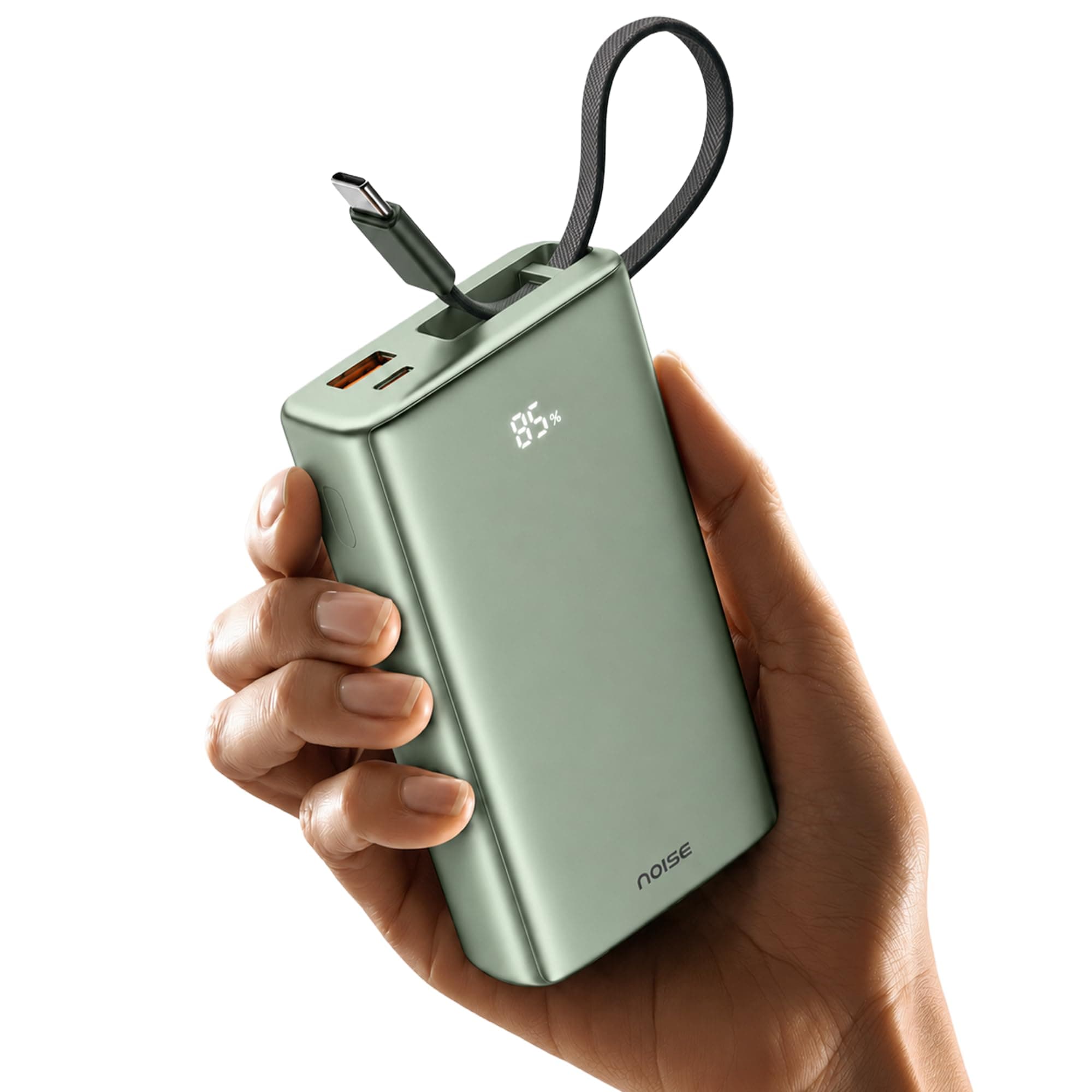 Noise Power Bank 20000mAh 45W Ultra Fast Charging: Built-in Type-C Cable, Digital Battery%, Advanced Safety Protection, Metallic Finish, Triple Device Charging, PD 3.0, BIS Certified (Green)