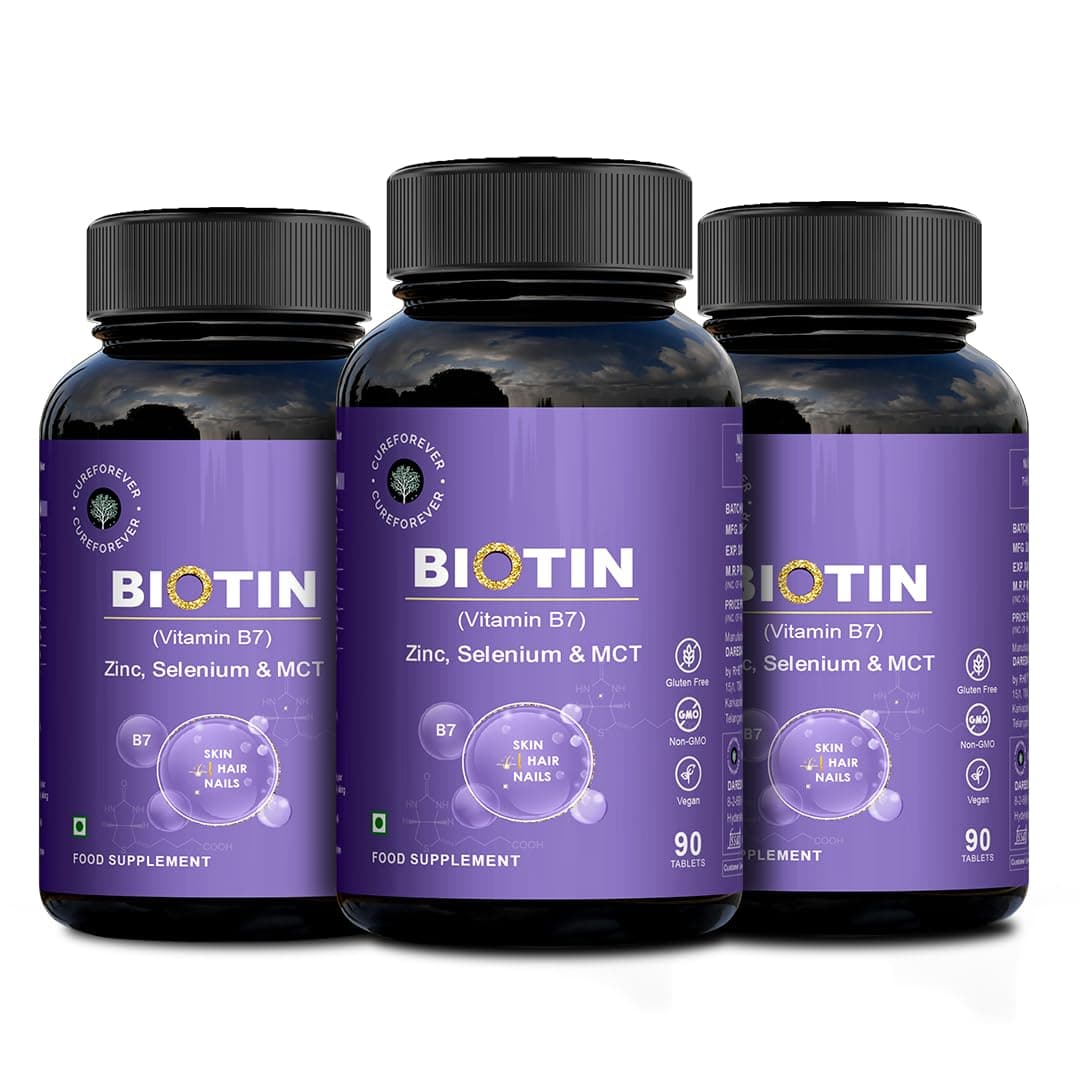 CUREFOREVER Biotin Tablets for Hair Growth, Skin & Nails – 100% RDA with Zinc, Selenium & Coconut MCT | Supplement For Healthy Hair, Nails & Skin | 270 Veg Tablets for Men & Women | 1 Daily Dose (Pack of 3)
