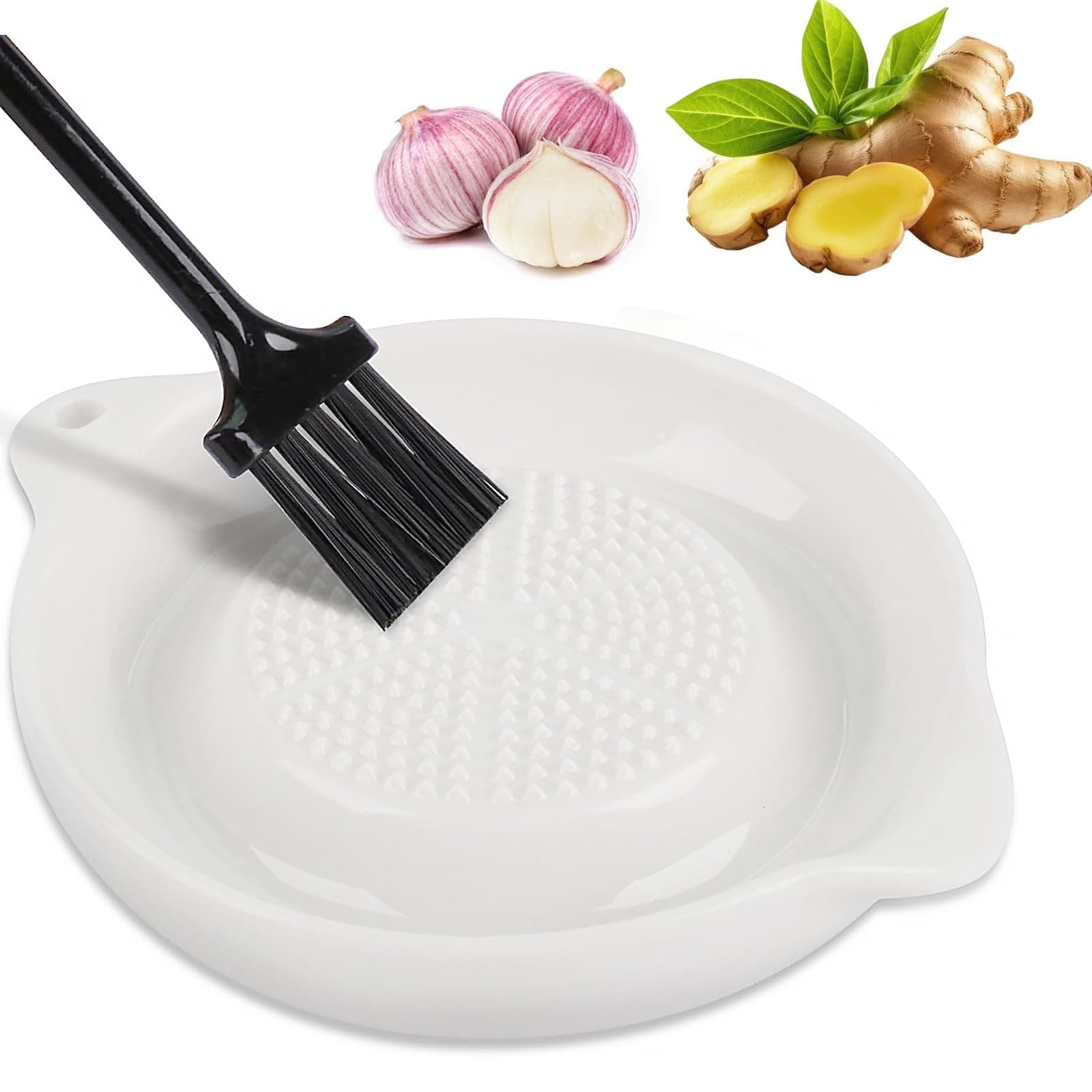Ceramic Garlic Grater Plate with Brush, Ginger Garlic Grater Dish, Mini Porcelain Grater Plate for Garlic, Ginger, Onion, Spices, Easy Clean Dishwasher Safe Kitchen Grater Tool
