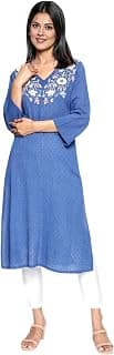 W for Woman Cobalt Blue Solid Printed Pure Cotton Straight Kurta