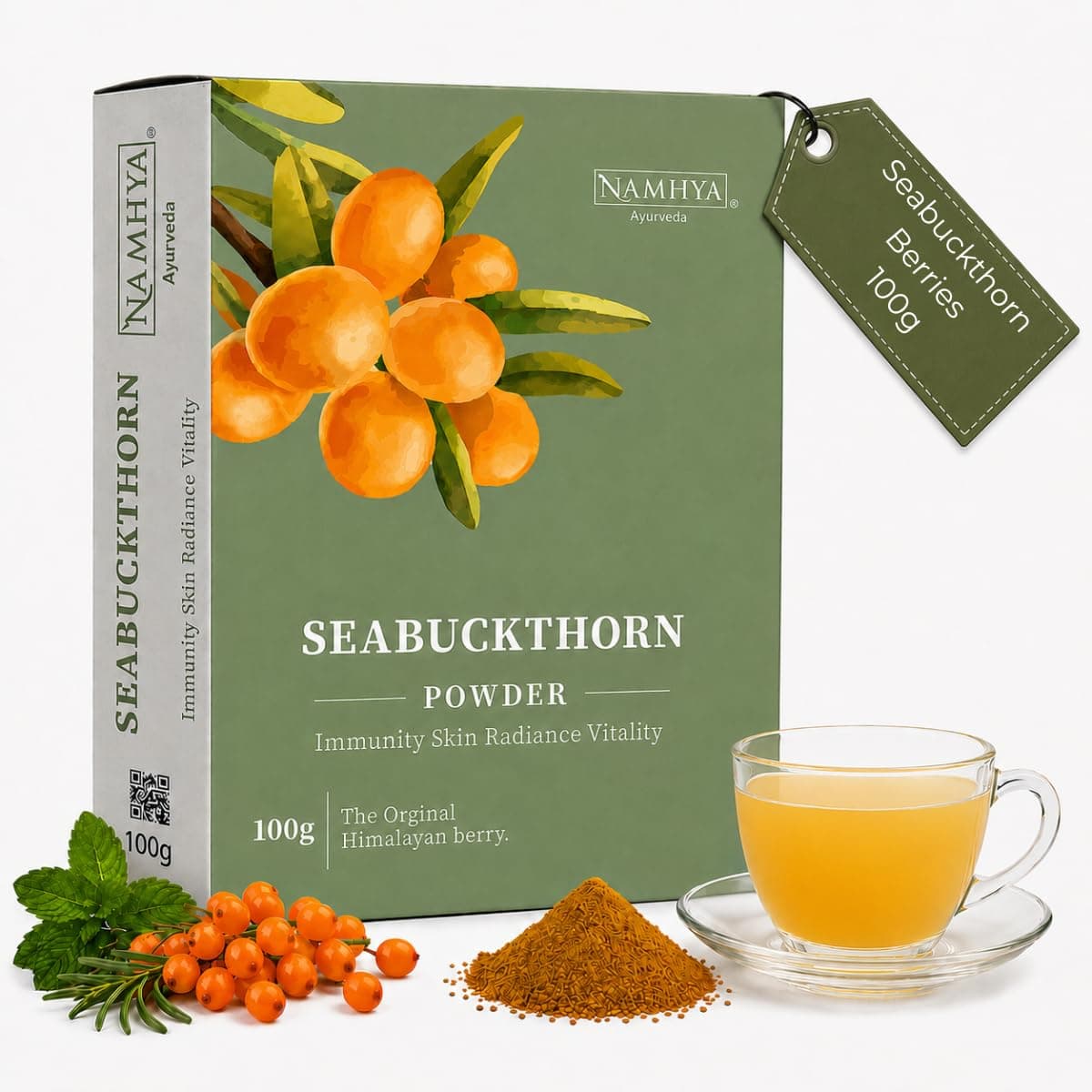 Namhya Seabuckthorn Powder | Himalayan Superfood for Skin Glow, Immunity, Hair & Antioxidant Support | Sea Buckthorn Omega 7 Rich Berry for Energy, Collagen Support & Wellness | 100g