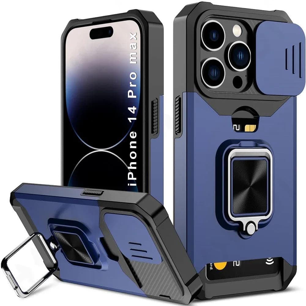 LuxuryKase Shockproof Armor Case for iPhone 14 Pro Max | Slide Camera Cover | Hidden Card Slot | Rotating Ring Kickstand | Magnetic Car Mount Support | Military Grade Protection – Blue