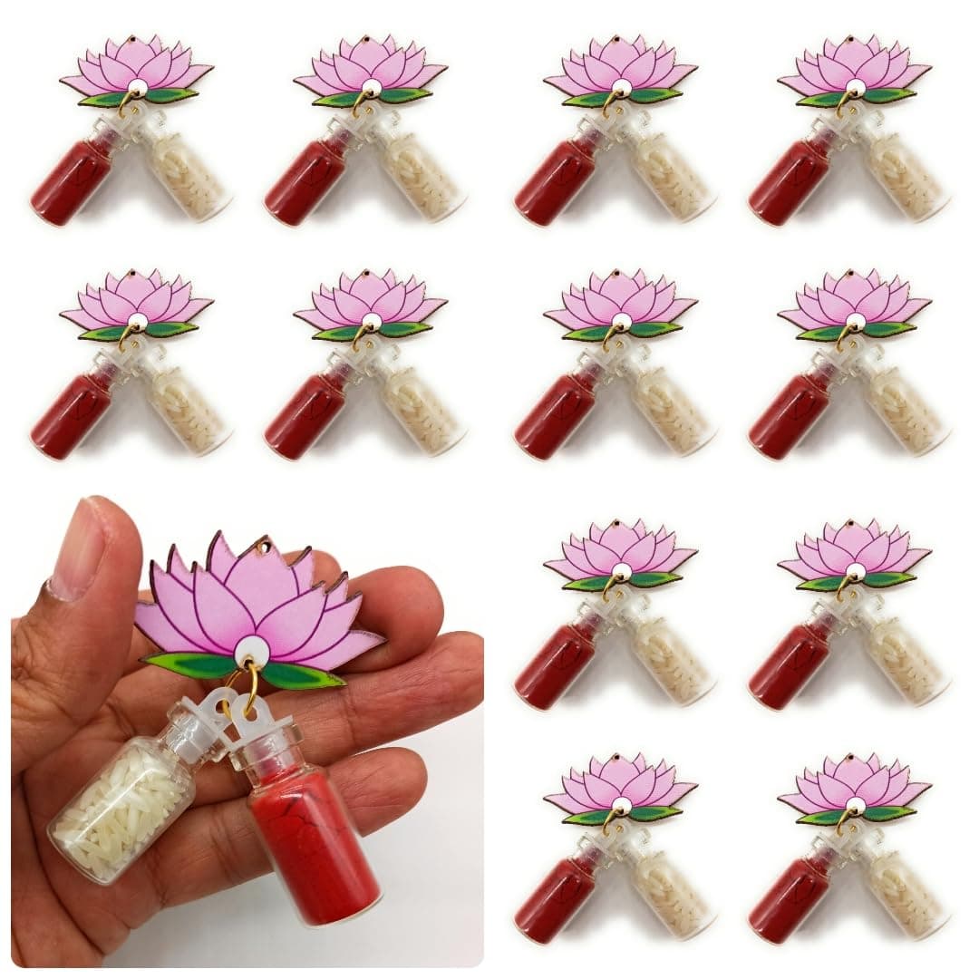 Sau Rang India RoliChawal Kumkum Dome Glass Bottle Gift Set | Thamboolam Return Gifts for Wedding, Pooja, Diwali, Rakhi, Navratri (Lotus Design mini 2ml Bottles, 10 pcs)