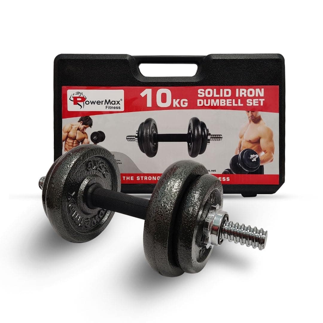 PowerMax Fitness 10KG Adjustable Dumbbell, Solid Iron Plates, Chromed Connecting Rod, Spin Lock Collars, Home Gym Strength Training equipment for maxpro workout, Cast Iron dumbbell, (PDS-10)