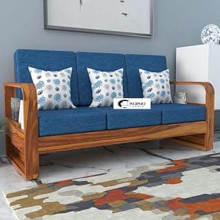 Solid Sheesham Wooden 3 Seater Sofa for Living Room | Sofa with Side Pocket Storage & Cushion | Rosewood Sofa Set for Home (Honey with Blue Cushion, 3 Seater)