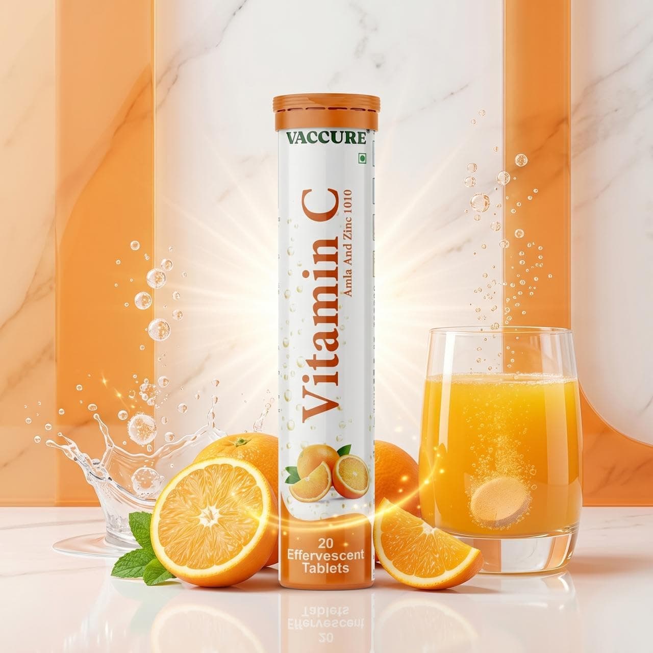 VACCURE PHARMA Vitamin C Effervescent Tablets, Orange Flavour, Tube contains 20 effervescent tablets, Nourishes Bones for Daily Strength PACK OF 01