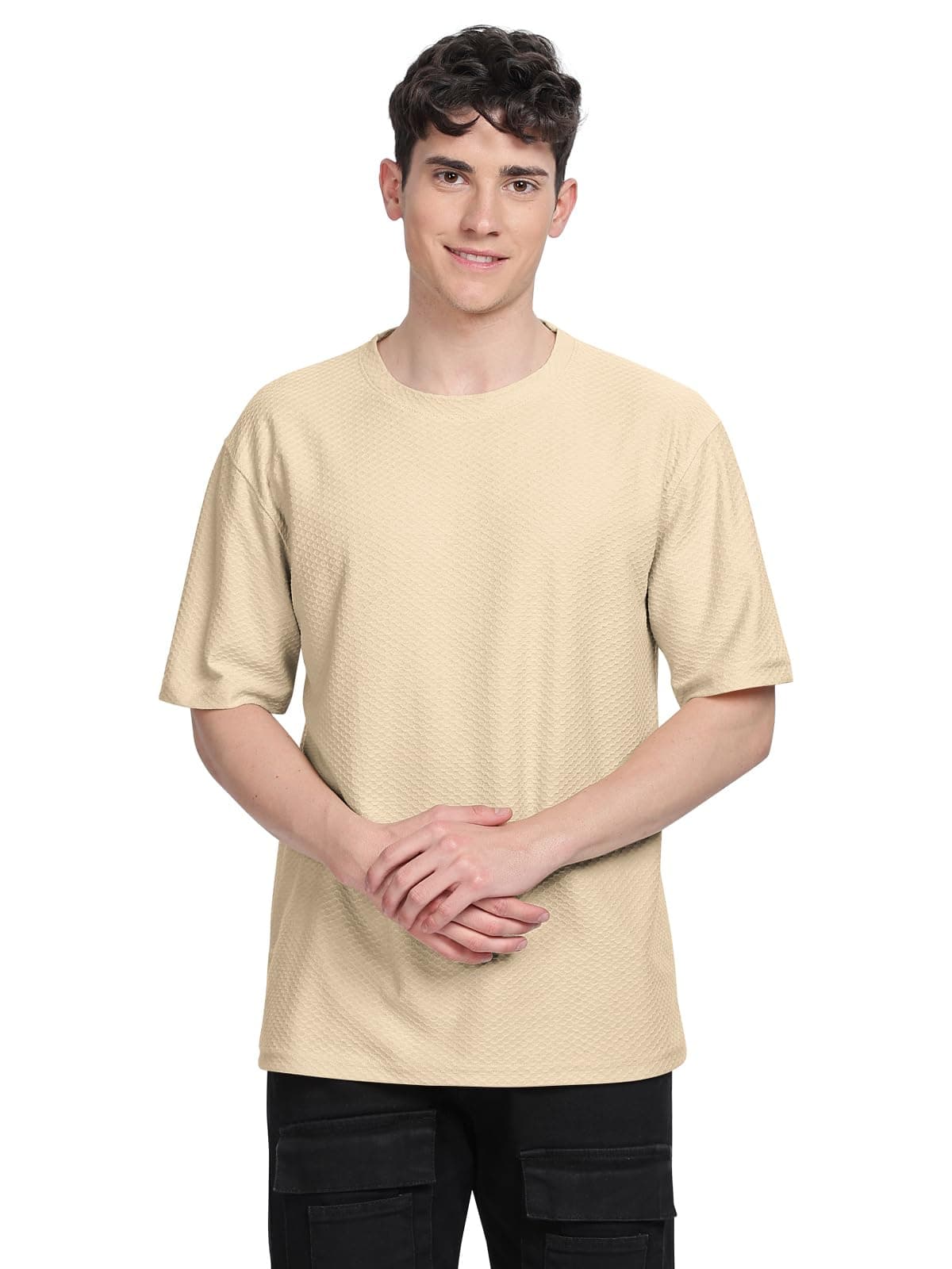 BULLMER Trendy Textured Half Sleeve Oversized Hexagon Waffle Crew Neck Tshirt for Men