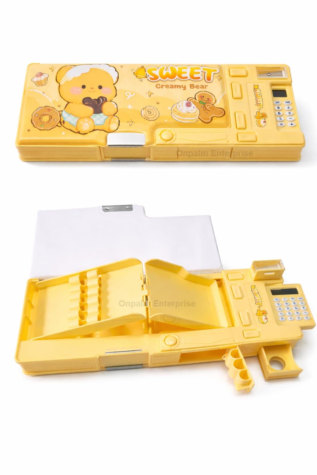 Onpalm Enterprise Cute Cartoon Pencil Box for Kids | All-in-One Stationery Box with Calculator, Sharpener & Writing Pad | Large Capacity Plastic Pencil Case for School Boys & Girls