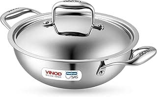 Vinod Platinum Triply Stainless Steel Kadai with Lid - 3.2 L, 26 cm | 2.5mm Thick Base, Even Heating No Hotspot, Less Oil Healthy Cooking, Heavy Bottom Induction Cookware Kadhai for Cooking & Frying