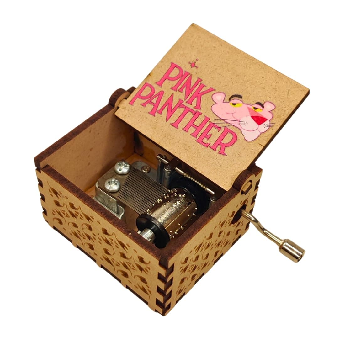 Zesta Wooden Music Box | Vintage Hand Crank Music Box Gift 6.4x5.2x4.2cm | Plays Nostalgic Pink Panther Inspired Tune, Vitange Gift for Girlfriend/Boyfriend