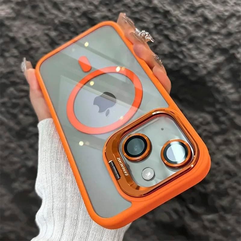 LuxuryKase Mag-Safe Clear Case for iPhone 15 Plus | Shockproof Transparent Cover with Camera Lens Protection | Metal Ring Stand & Wireless Charging Support – Orange