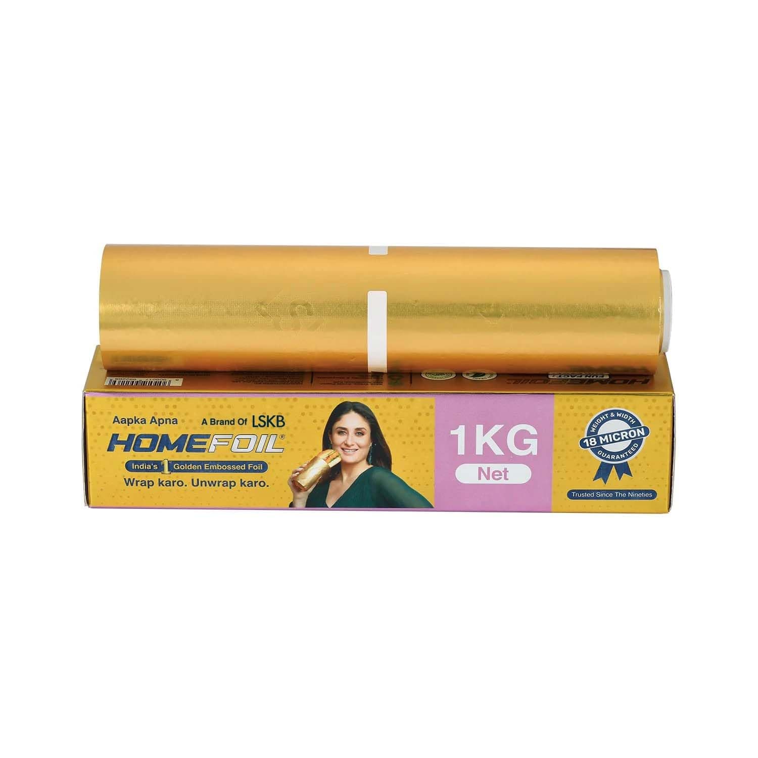 HOMEFOIL 1 Kg Net Golden Embossed Converted Aluminium Foil | 18 Micron Thickness | Ideal for Food Wrapping, Packing, Storing and Serving | 69.49 Meters Net Guaranteed Length