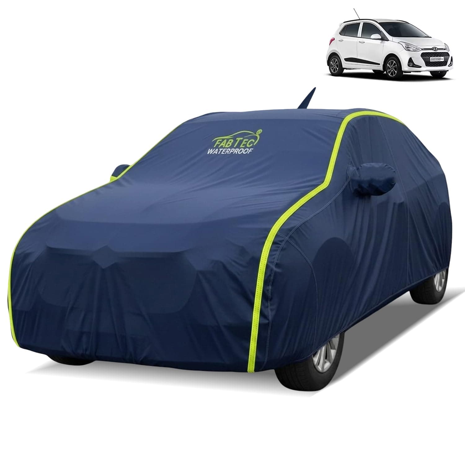 FABTEC Waterproof Car Body Cover for Hyundai Grand i10 Outdoor/Indoor All Weather Protection with Mirror & Antenna Pocket Triple Stitched (Premium Navy Blue with Neon Piping)
