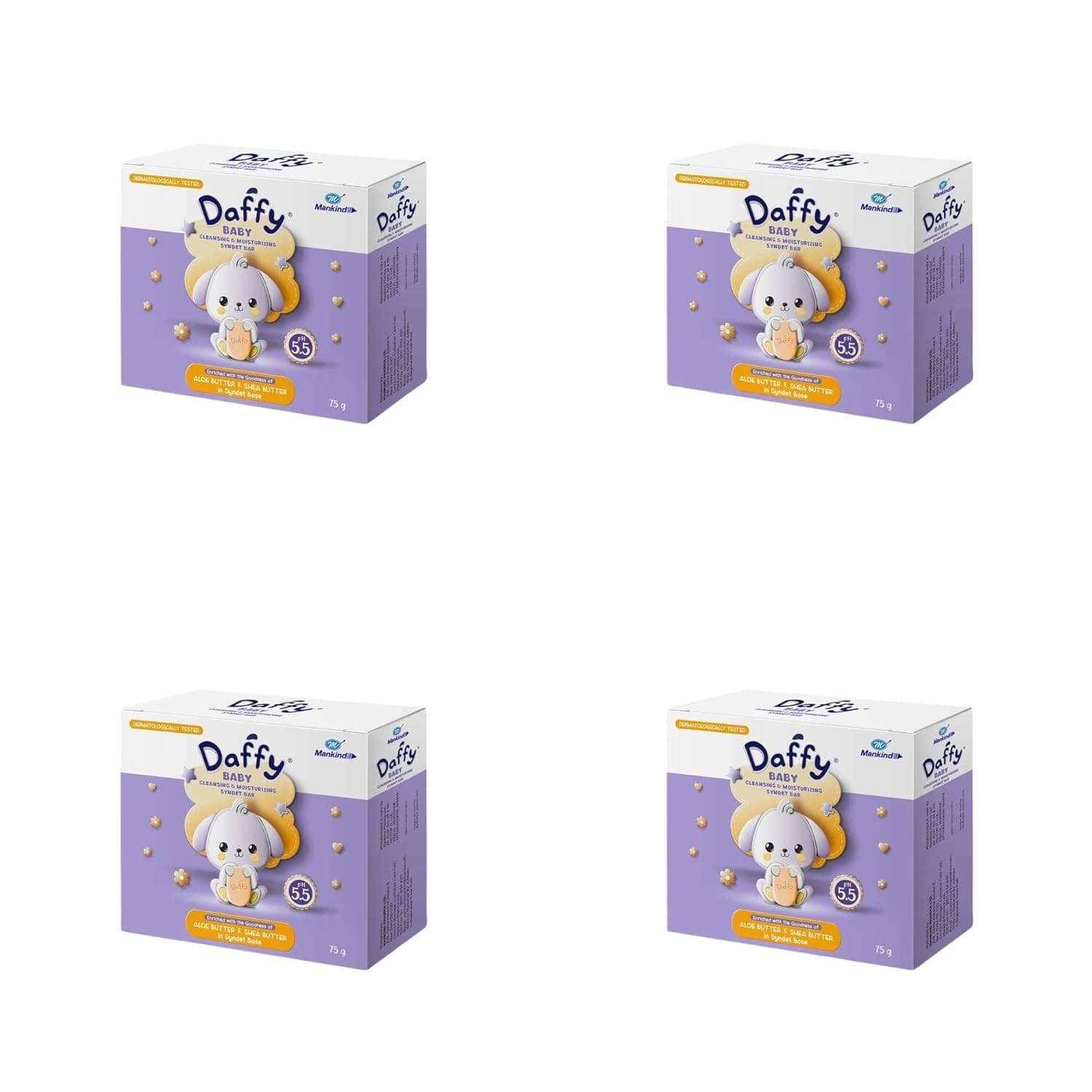 Daffy by Mankind Syndet Bar 300g | Cleansing & Moisturising | Soap-Free | Dermatologist Recommended for baby | Mild & Safe for Sensitive Baby Skin Pack of 4