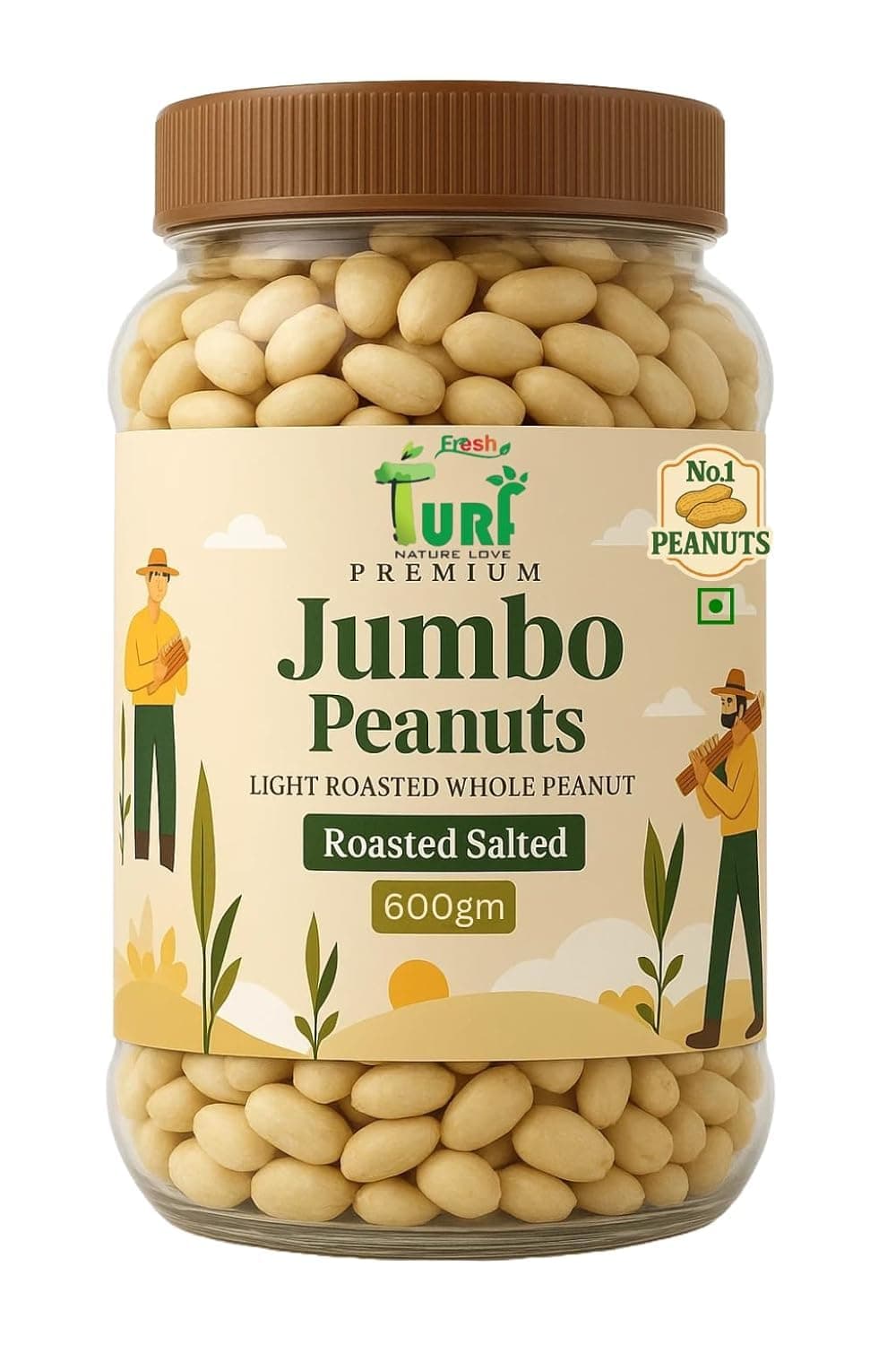 Turf Fresh Jumbo Roasted Salted Peanuts | Bharuch Gujarat Special Mungfali Dana Namkeen | Grade A Premium Peanut Seeds Without Skin | Healthy Snack & Chakna (Motabhai Pack – 600g Jar)