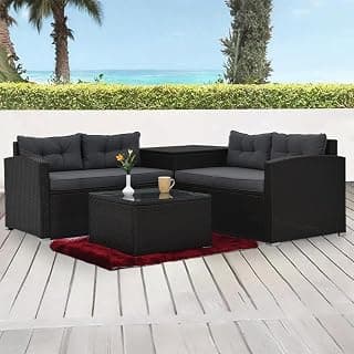 Royaloak Louise Outdoor Furniture Sofa Set | Weatherproof Fiber Rattan | Inbuilt Storage | Rustproof Steel Frame | Comfy Cushion Seat | Washable Cushion Cover | Tempered Glass for Center Table