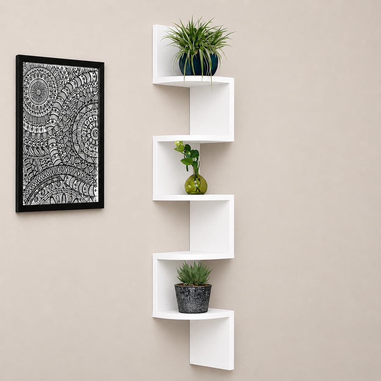 DDS Dream Decor Shoppee Zigzag Corner Wall Mount Shelf Racks/Book Shelf (White)