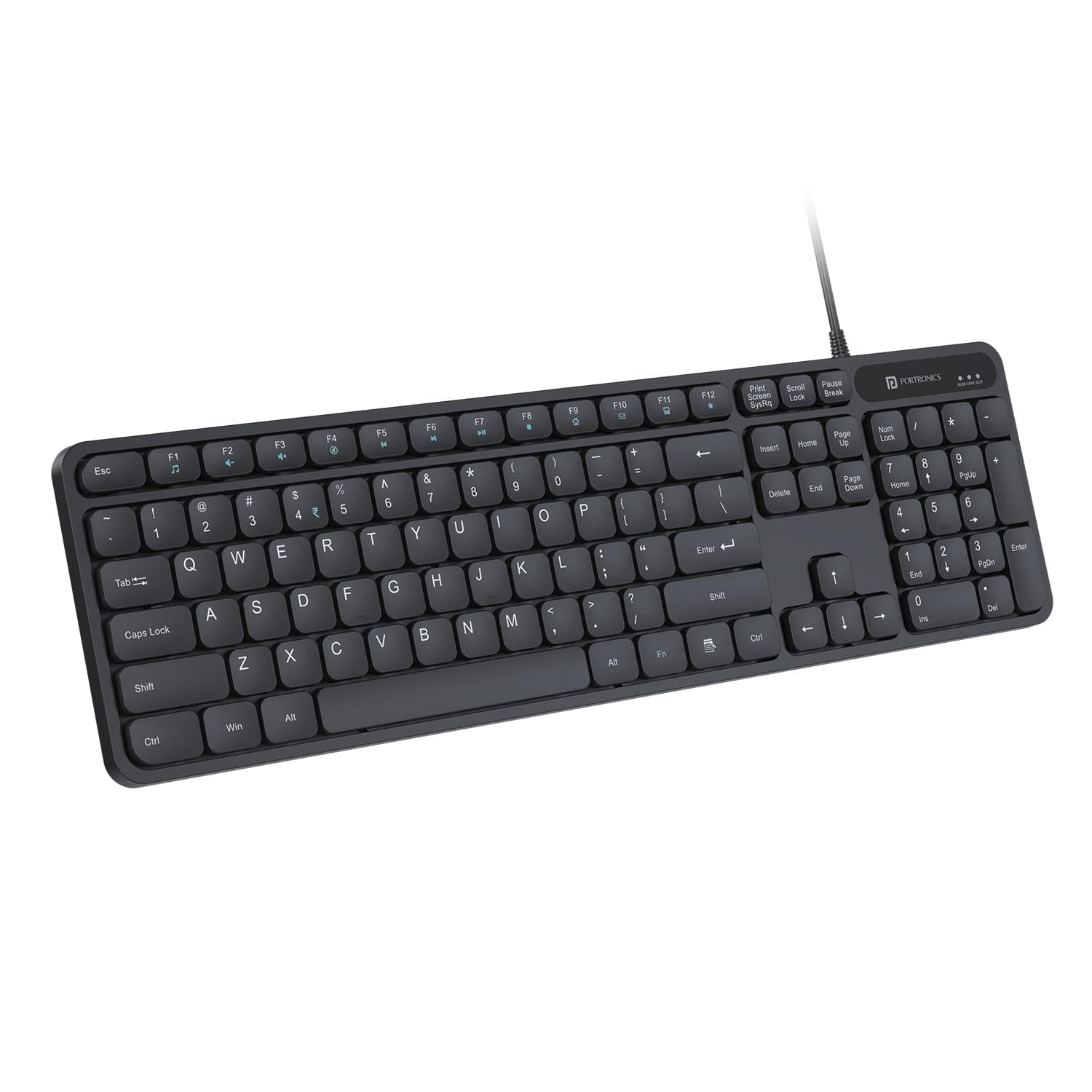 Portronics Ki-Pad 3 USB Wired Keyboard with Large Keycaps, Noise-Free Typing, Fn Multimedia Hotkeys, Full-Size Layout with Num Pad, Ergonomic Design, 1.5m USB Cable, for Laptop, PC, Mac (Black)