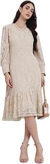 Styli Women Self-Design Lace Detail Midi Dress | V-Neck, Long Sleeves & Flared Silhouette | Suitable for Casual, Festive & Semi-Formal Occasions