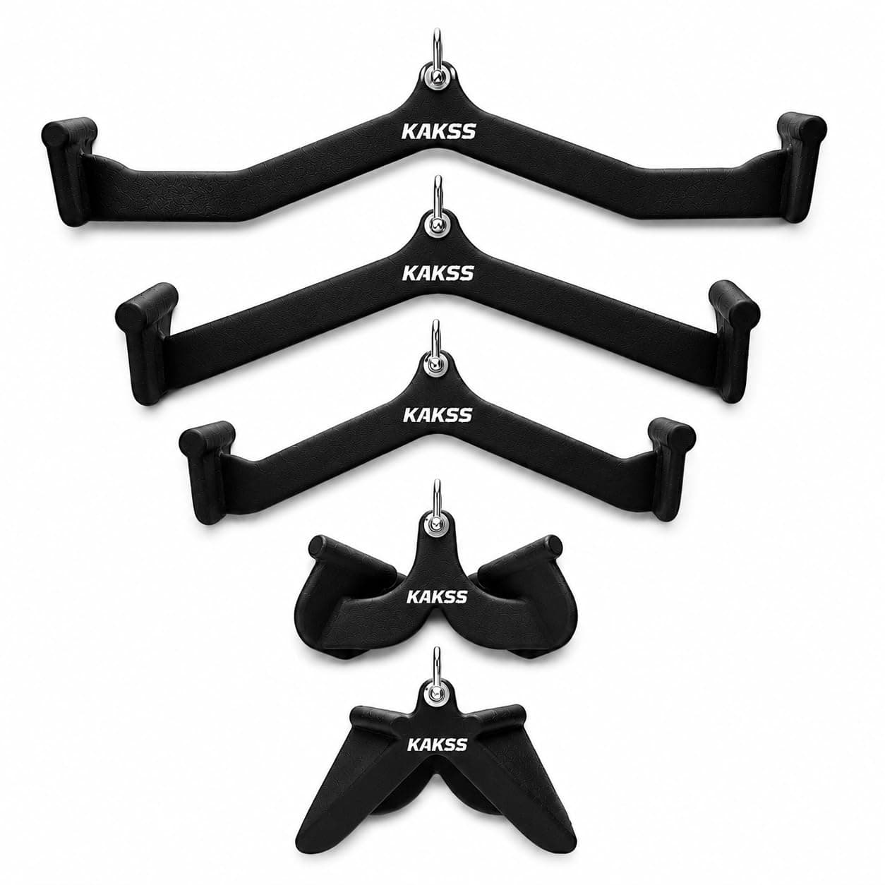 Kakss Cable Machine Attachments. Black Matte Handles with Universal Attachment for Cable Machines. Pull Down, Press Down, Row, Triceps, Biceps & Lats. Available in 8 Varieties. (Pack of 5 Pc (Combo))