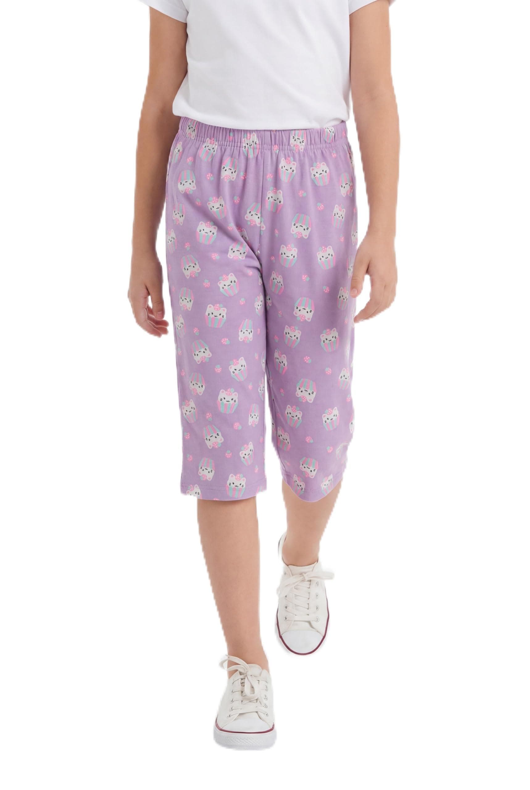 PEGAN Pure Cotton 3/4-Length Capri Pants for Girls | Regular Fit, Graphic Print, Knee-Length Lounge Bottoms | Soft Elastic Waist Comfortable Pant | Stylish Printed Lounge Pants for Outings & Travel