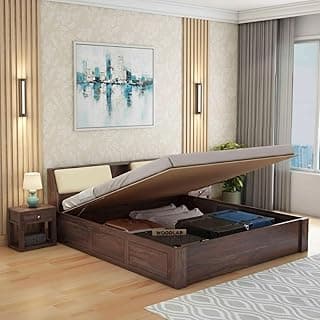 WOODLAB Furniture Sheesham Wood King Size Bed with Hydraulic and Headboard Storage for Bedroom Living Room Wooden Double Cot Bedroom Furniture for Home (Walnut Finish)