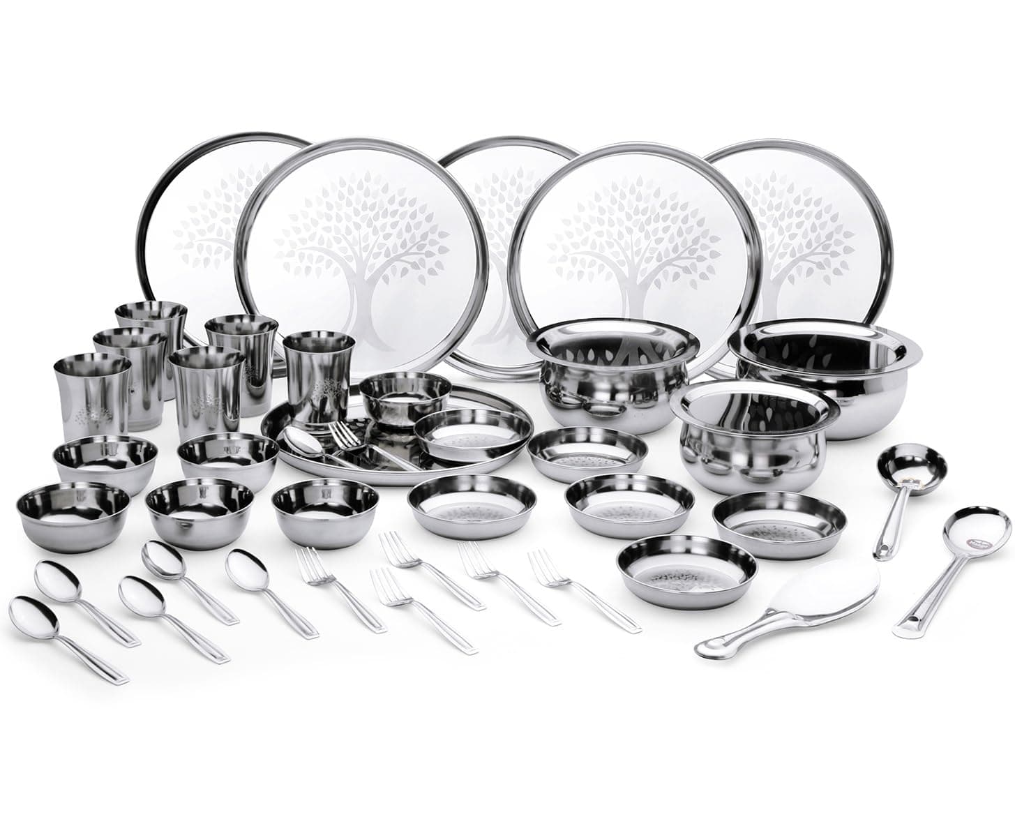 Limetro Steel Stainless Steel Dinner Set for 6 Persons | Complete Indian Thali Set with Plates, Bowls/Katori, Glass, Spoon & Fork | Tree Design Steel Dinnerware for Home(Set of 45- Serves 8)