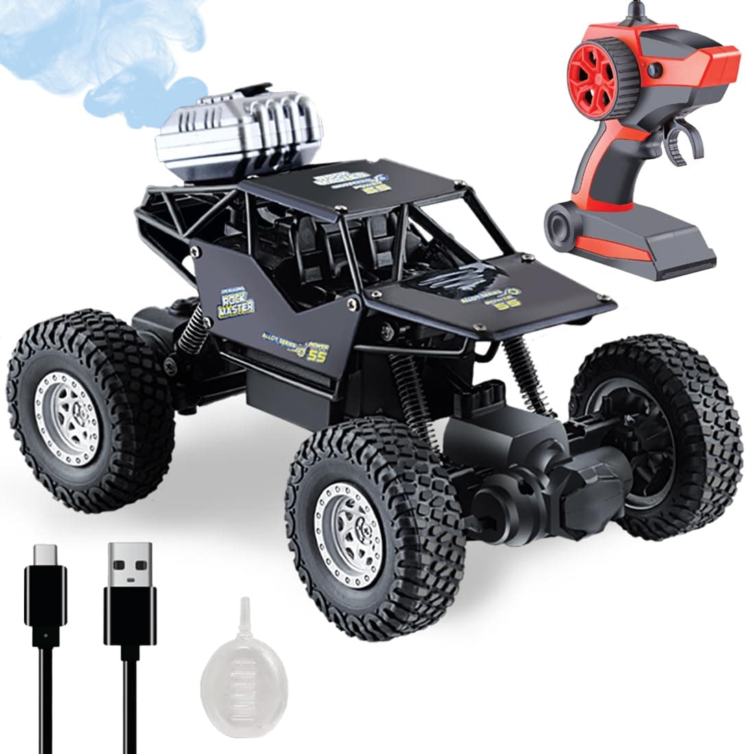 Wembley Rechargeable Remote Control Monster Truck RC Car Big Size Off Road 2WD Rock Crawler Battery Water Mist Spray and High-Speed Racing Toy for Boys (Black), 5 Years And Above