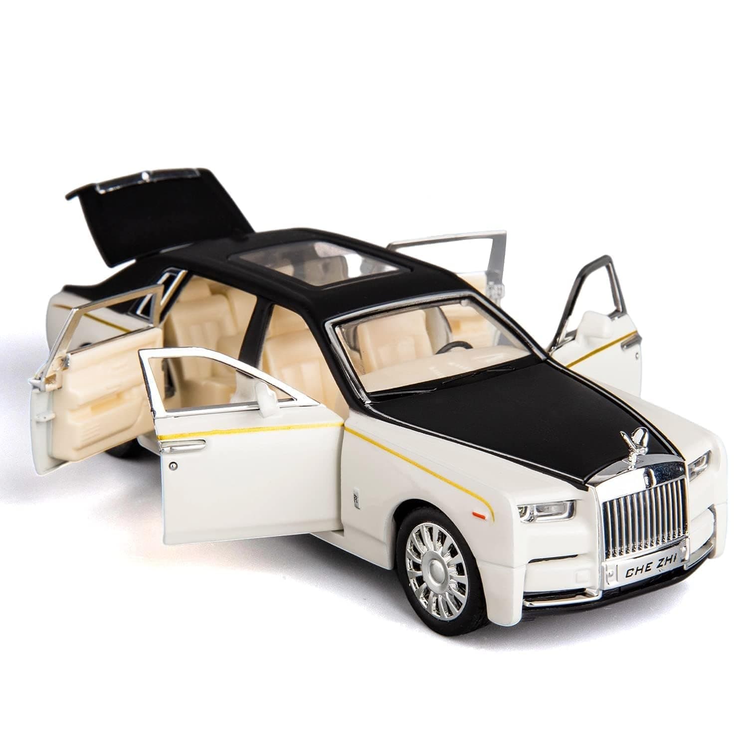 Okean® 1/32 Phantom Model Car Zinc Alloy Pull Back Toy Diecast Toy Cars with Openable Doors, Sound and Light for Kids Boy Girl Gift(White Black)