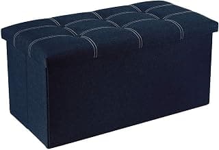 Folding Storage Ottoman, Long Shoes Sofa Bench, Fabric Linen Footrest Stool for Laundry, Storage Space, End of Bed Seat, Toys Storage Organizer Bin Box with Lidded Cover (76X38X38 CM, Blue)