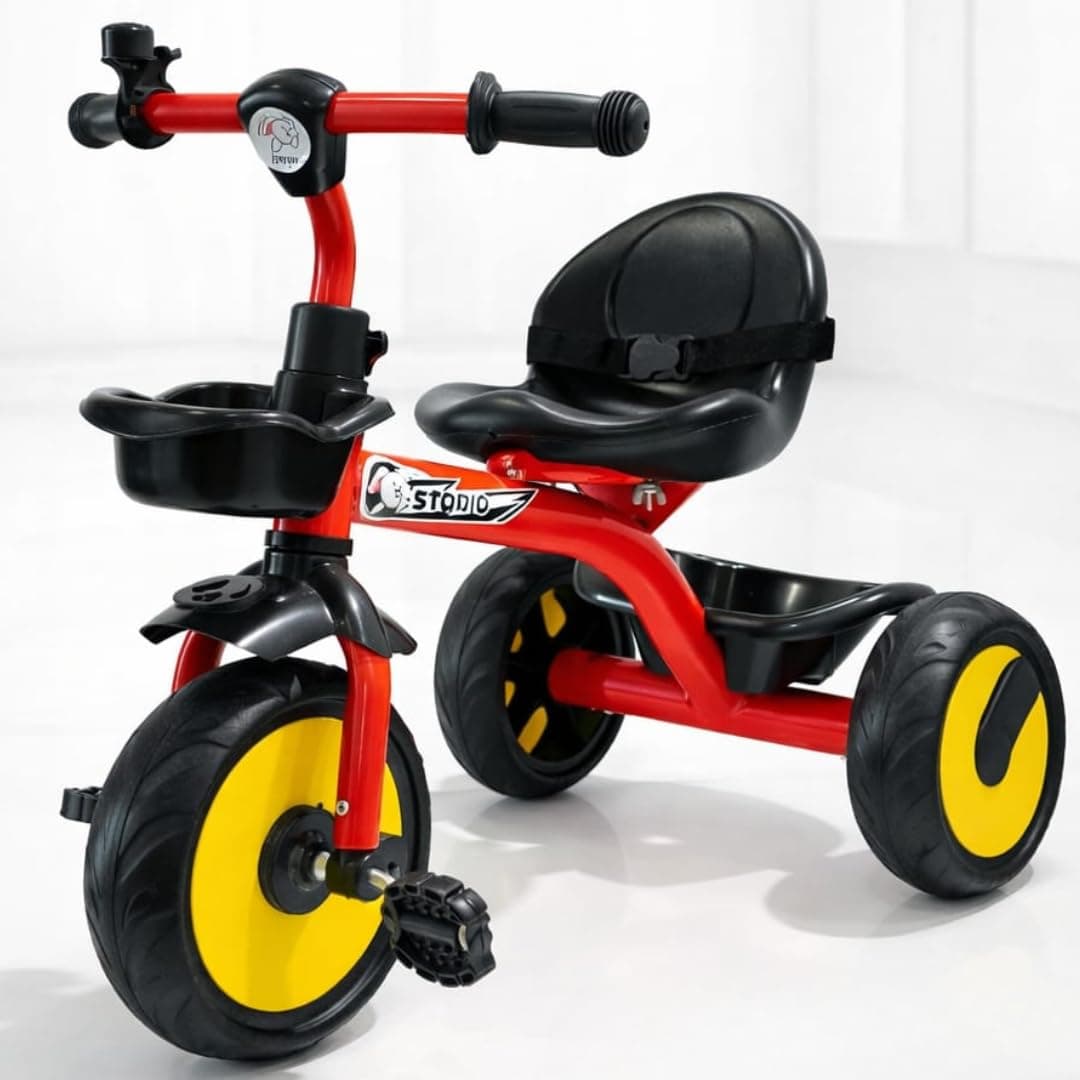 Storio Kids Tricycle with EVA Wheels, Bell & Front & Rear Basket | Sturdy Baby Trike for Boys & Girls Age 2–5 Years | Comfortable Seat, Anti-Skid Wheels, Durable Frame | BIS Certified Kids Cycle - Red