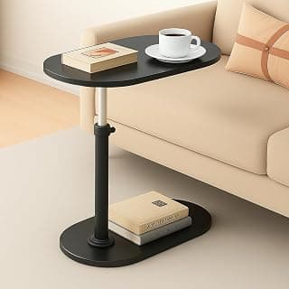 Adjustable C-Shaped Couch Side Table | 360° Swivel TV Tray Stand | Slide-Under Sofa End Table in Black (Engineered Wood)