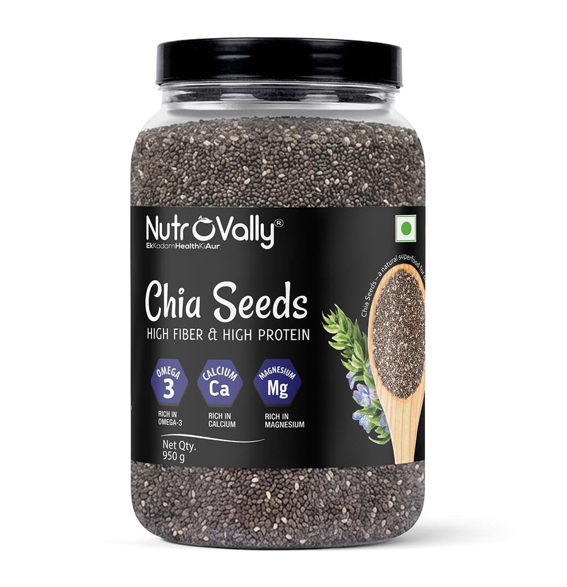 Nutrovally Chia Seeds 950g |Seeds for eating| Chai seeds for weight loss|High Fiber & Omega-3|Gluten-Free |chia seeds| Rich in Calcium, Protein & Fibre | Healthy Snacks |Chia|Weight Loss & Skin Glow