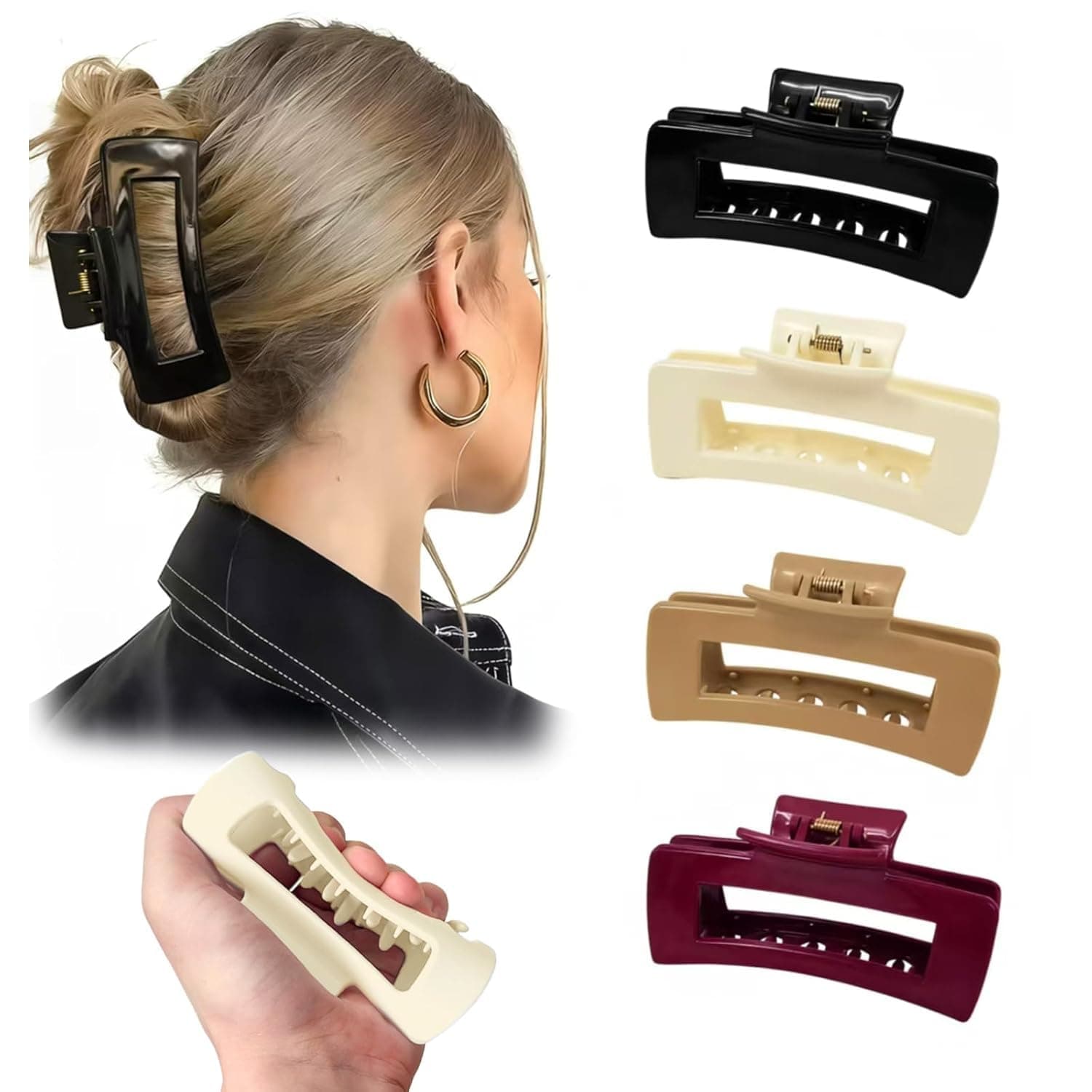 4 PCS Large 4.1in Silicone Matte Hair Claw Clips, Soft Flexible Mello Claw Clip & Mello Cloud Clip, Non-Slip Hair Jaw Clamps for Thick & Thin Hair,Daily Wear & Hairstyling (Silicone Rectangle)