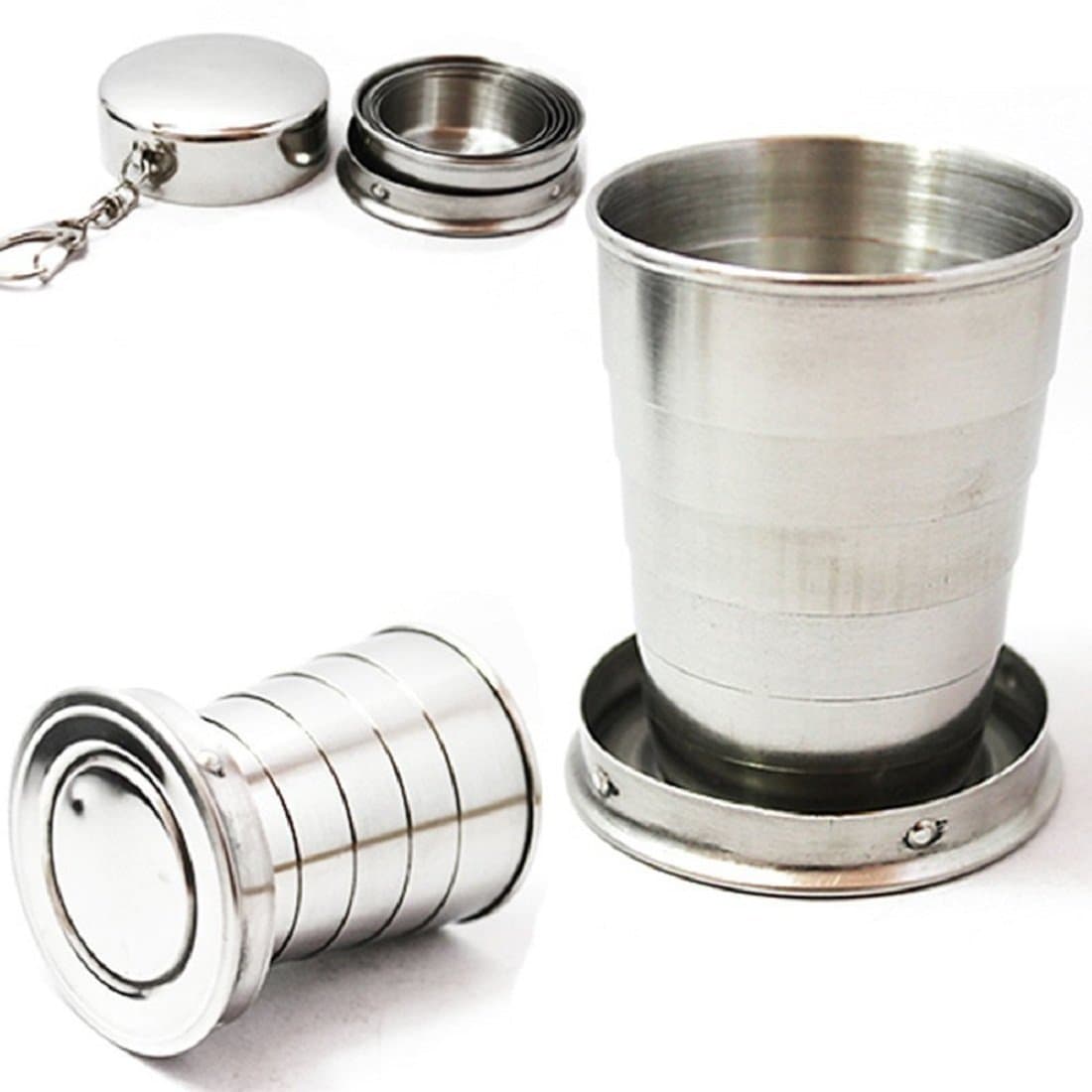 Renesmee Folding Stainless Steel Water Glass for Outdoor/Indoor Use | Compact Water Tumbler Cup with Keychain for Lassi, Lemonade, Juice, Milk and Cold Beverages (75ml)