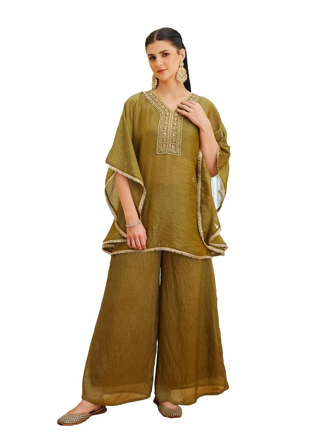 MOKOSH Women’s Silk Kaftan Palazzo with Spagatti | Kurta Set | V Neck 3/4 Sleeve Ethnic Suit | 3 Piece Outfit | Indian Kurta Outfit With Palazzo