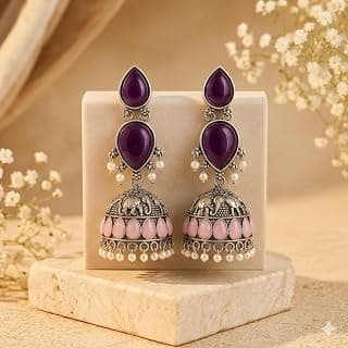 HRB PRODUCTS Oxidised Silver Jhumka Earrings with Purple Stones, Pink Teardrop Accents and Pearl Drops