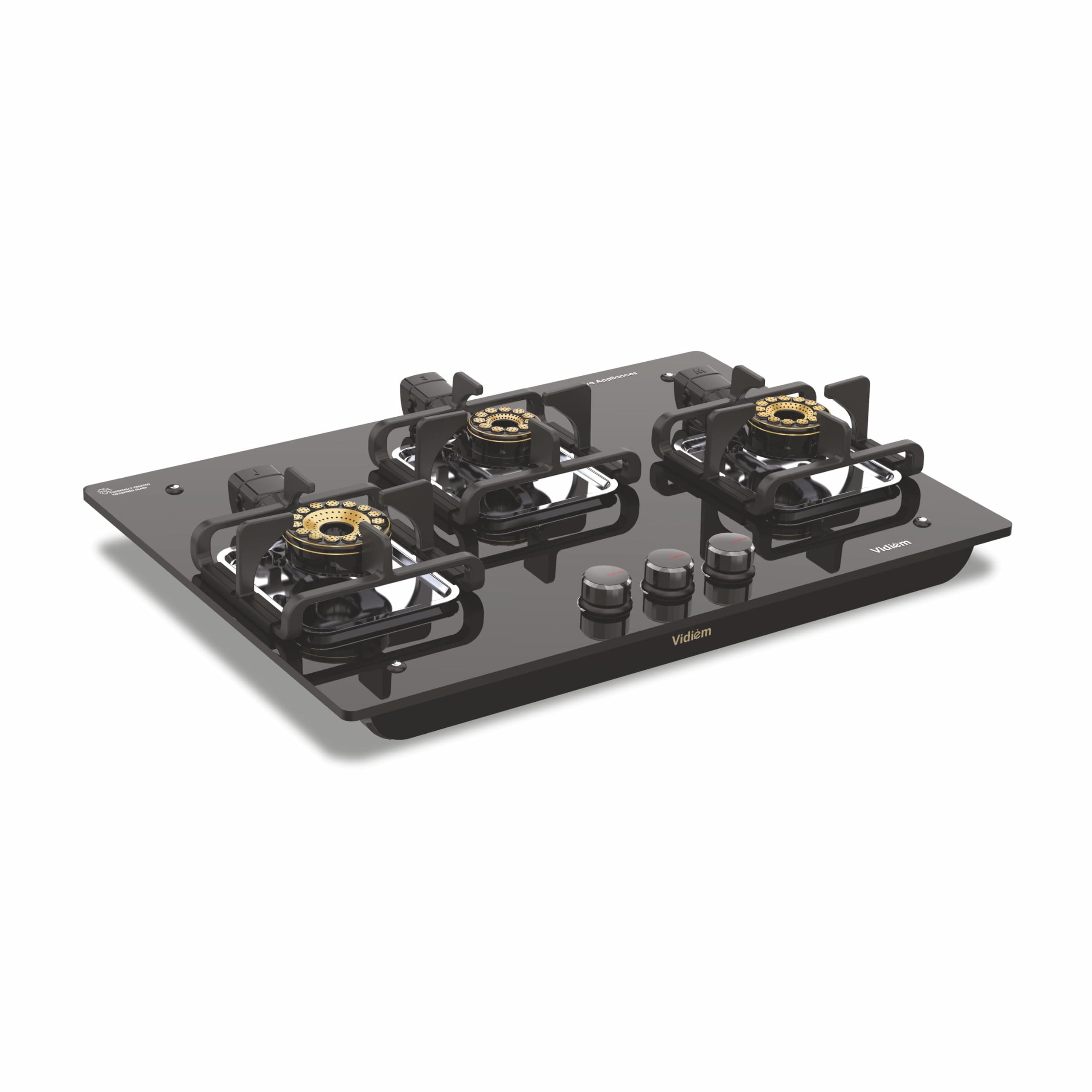 Vidiem Vogue V1 3 -Burner Gas Cooktop/Hob| First Fully Removable Burner Assembly|10Mm Toughened Glass|Hexa Flame Forged Brass Burners|10Mm thick Cast Iron Pan Support|Manual Ignition|5 Year Warranty