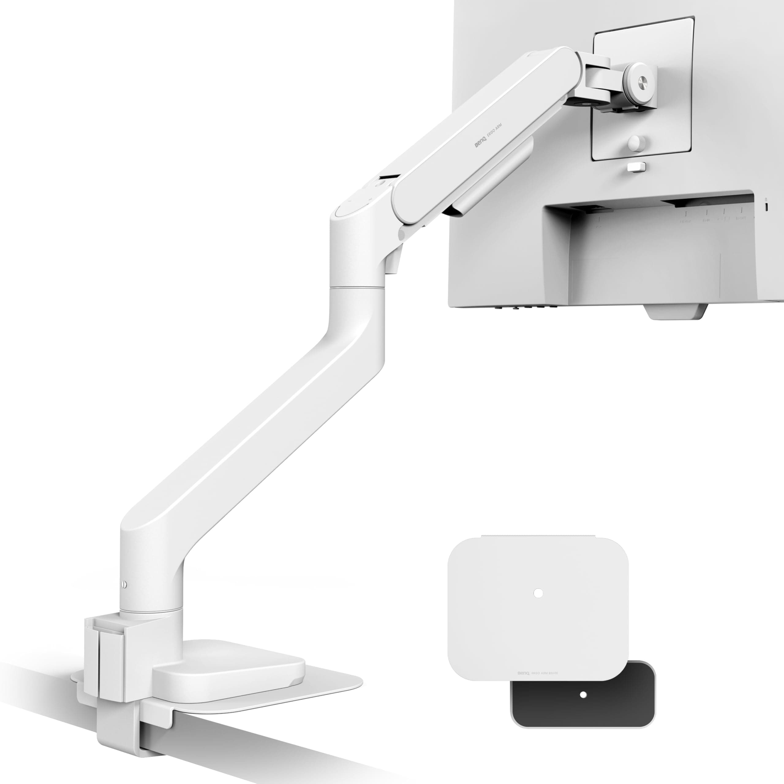 BenQ BSH02 Ergo Monitor Arm -Heavy Duty Gas Spring|Supports Upto 45" & 20KG Monitor Screens|Desk Mount with Top C Clamp/Grommet Base|Height Adjustable|Reinforcement Plate|VESA 75x75&100x100mm(White)