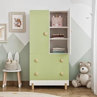 Wakefit Kids Wooden Wardrobe | 2 Shutter & 2 Drawer Almirah | Engineered Wood Cupboard for Clothes Storage | Sturdy & Stylish Wardrobe for Kids Room (Frosty White & Mellow Green)