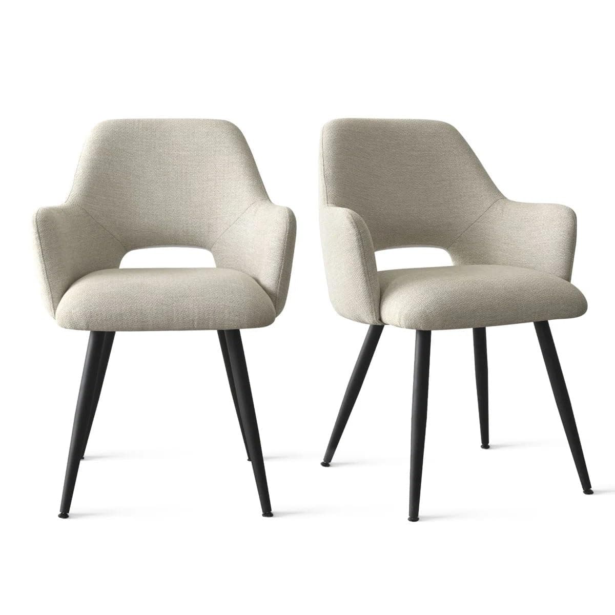 Finch Fox® Motel Luxurious Home Collection Upholstery Fabric Arm Dining Room Chairs in Beige Color with Black Metal Powder Coated Legs (Set of 2)