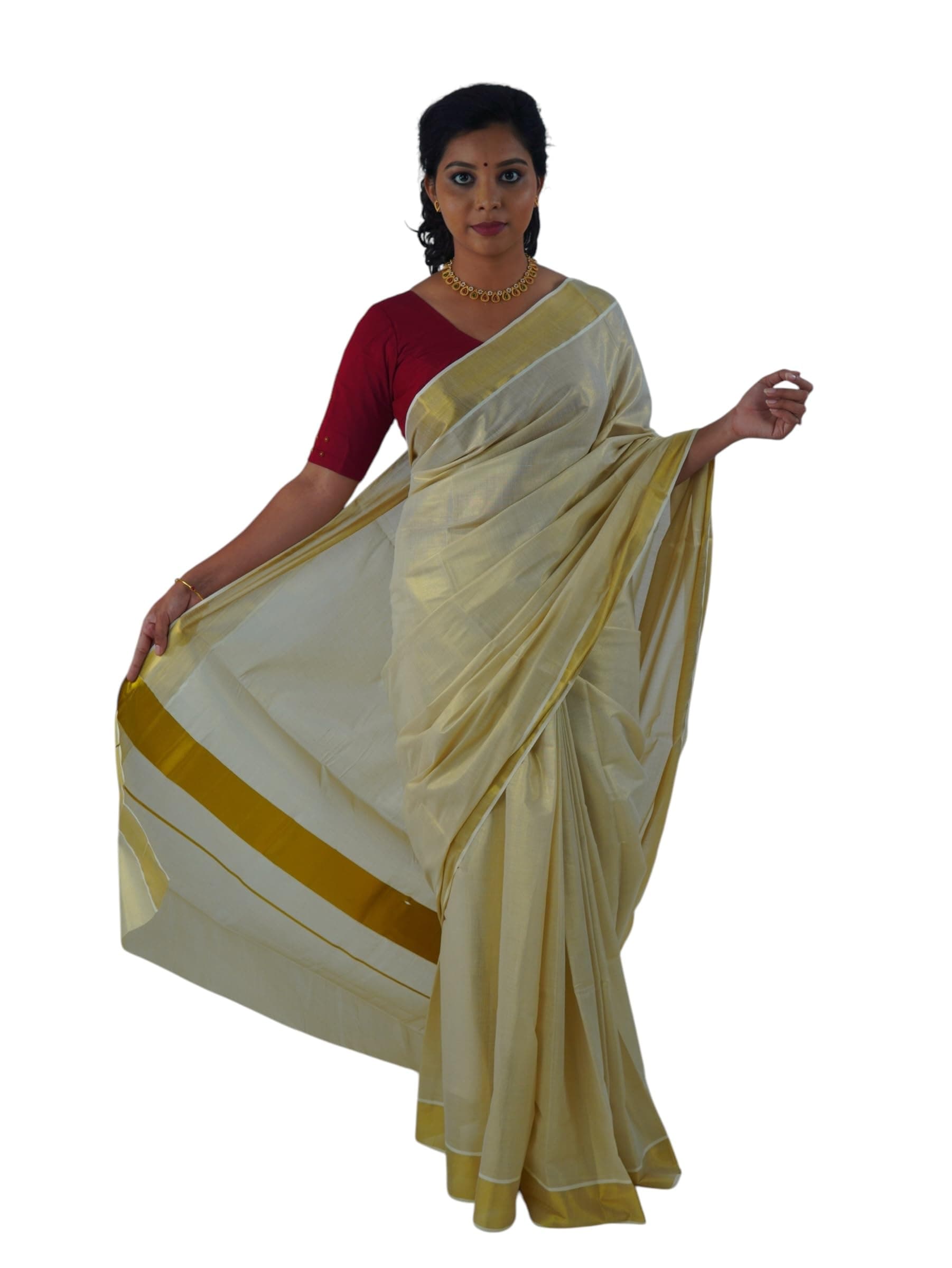 Kuthampully Women's Kasavu Tissue Saree With Blouse Piece (KPSS-70_Off-White, Golden)